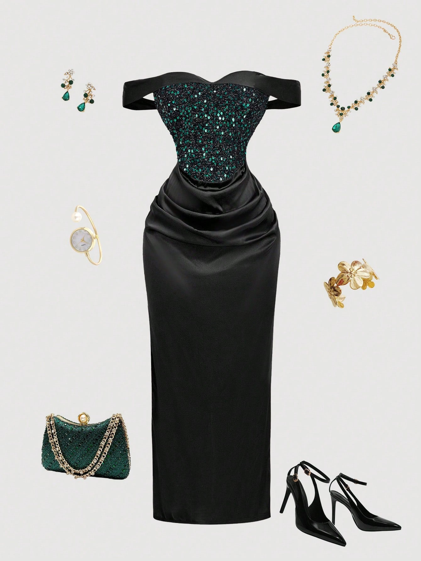 Elegant Women Evening Dress – Green & Black