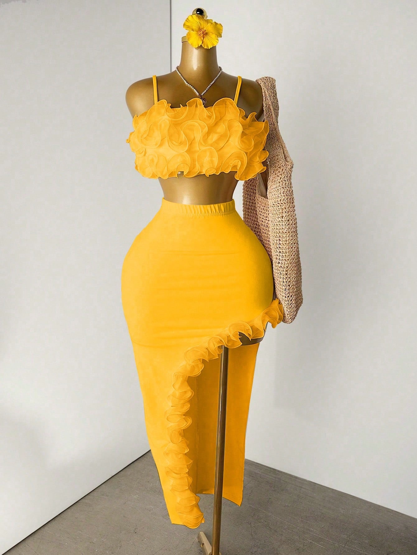 Yellow Ruffle Two Piece Set – Crop Top & High Waist Skirt